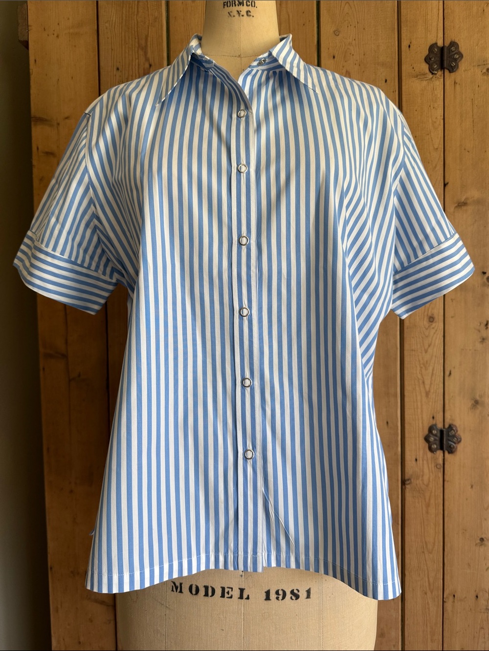 Faconnable Light Blue and White Vertical Stripe Short-Sleeve shirt.